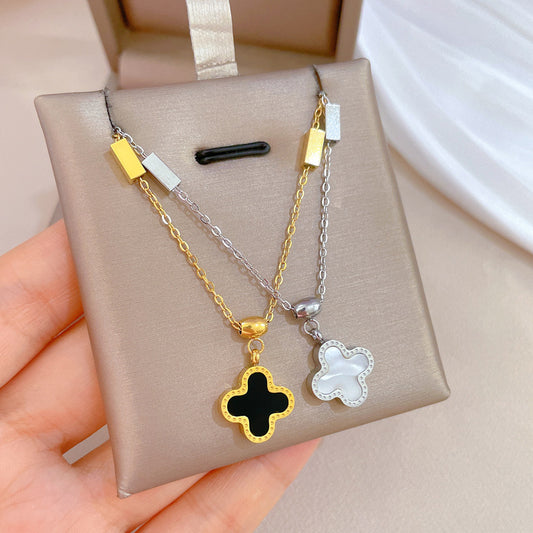 Minimalist Titanium Steel Shell and Four-Leaf Clover Pendant Necklace for Women Gold-Plated Clavicle Chain
