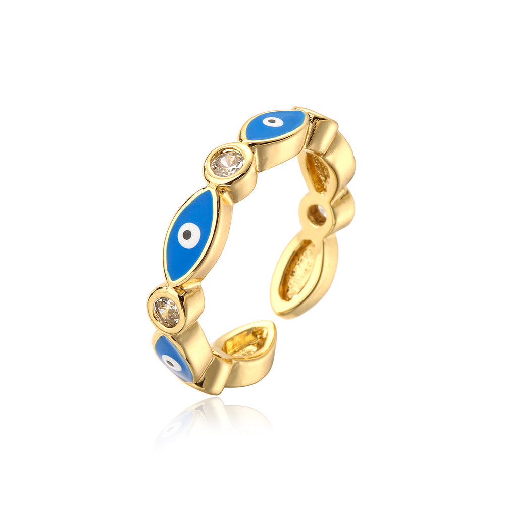 Minimalist Geometric Copper Ring with 18K Gold Plating and Enamel Eye Detail for Women