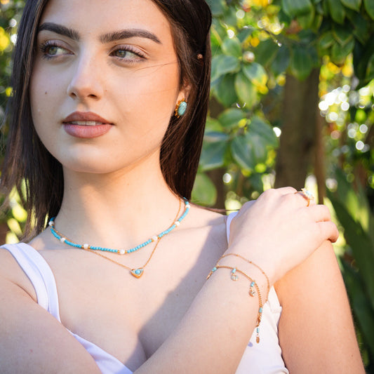 Fashionable Minimalist Stainless Steel Wavy Disc Pendant Turquoise Double Layer Bracelet for Women