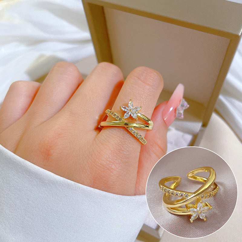 Luxury Minimalist Plated Brass Crown Rhinestone Adjustable Ring for Women