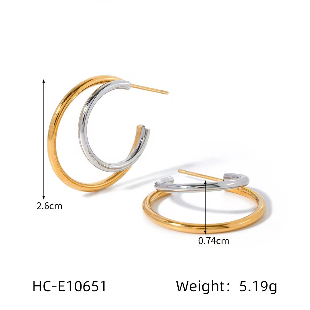 Fashion Minimalist 18K Gold Plated Double Layer Geometric Stainless Steel Hoop Earrings for Women
