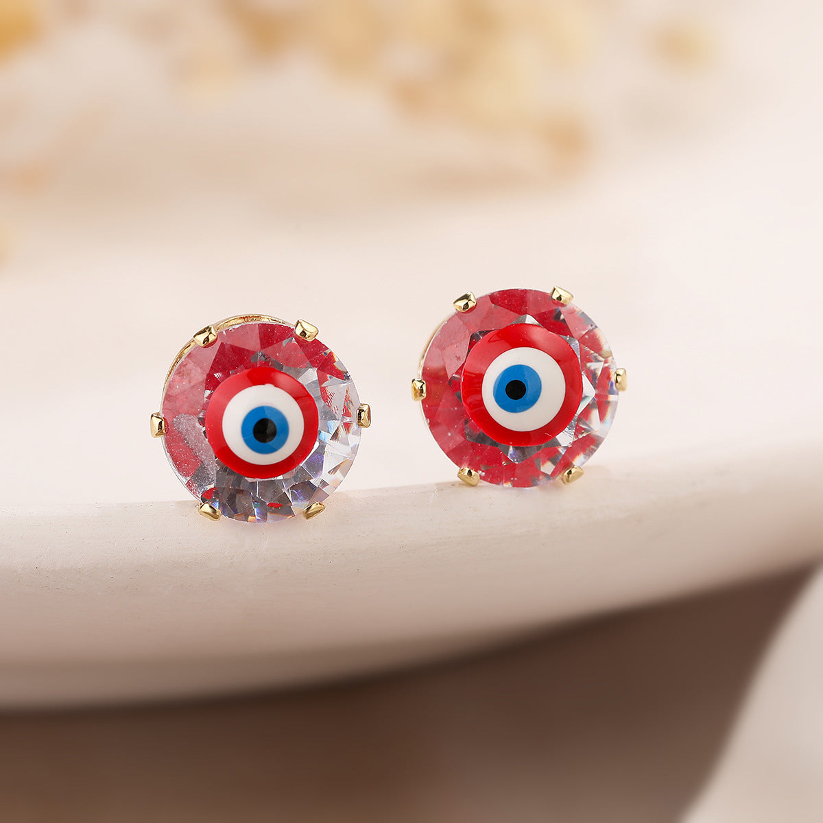 Minimalist Geometric Evil Eye Stud Earrings in Copper with Gold Plating and Zircon Inlay