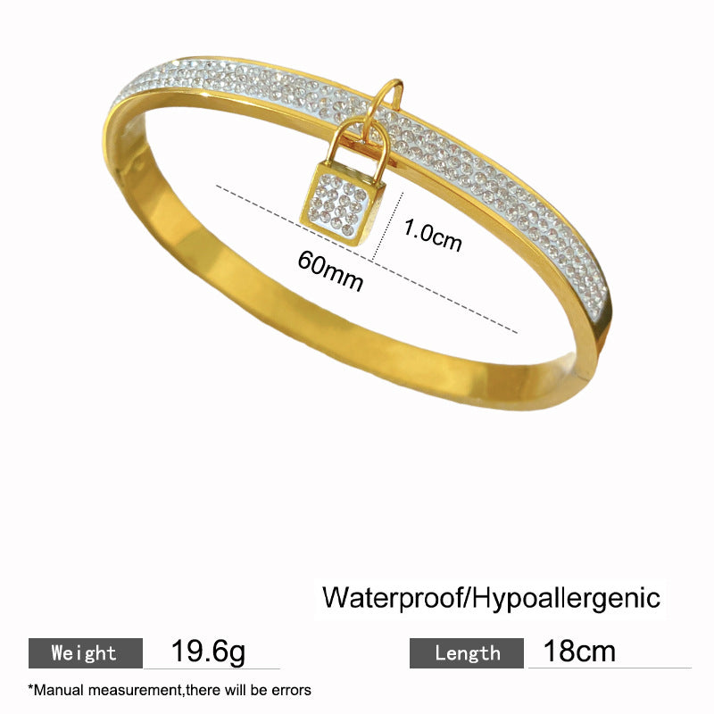 Luxury Elegant Geometric Lock Rhinestone Plated Titanium Steel Bracelet