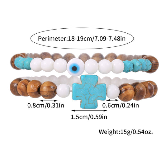 Bracciale Unisex con Perline Turchesi e in Porcellana, Perle in Legno e Ciondolo a Croce Geometrica