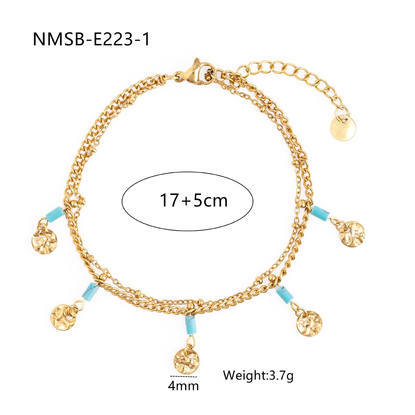 Bracciale da donna a doppio strato turchese con ciondolo a disco ondulato in acciaio inossidabile, minimalista e alla moda