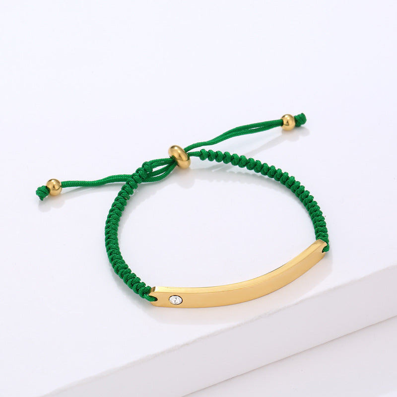 Elegant 18K Gold Plated Geometric Round Rhinestone Inlaid Stainless Steel Titanium Steel Charm Bar Bracelet DIY Engraving Handmade Woven