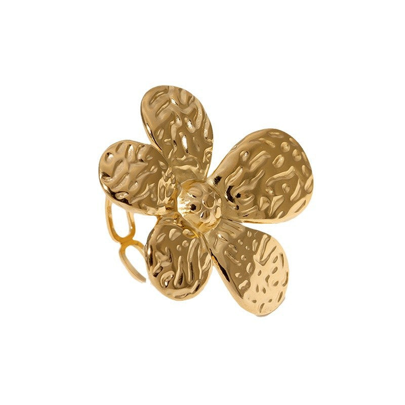 Minimalist Floral Stainless Steel Open Ring for Women with Plated Finish