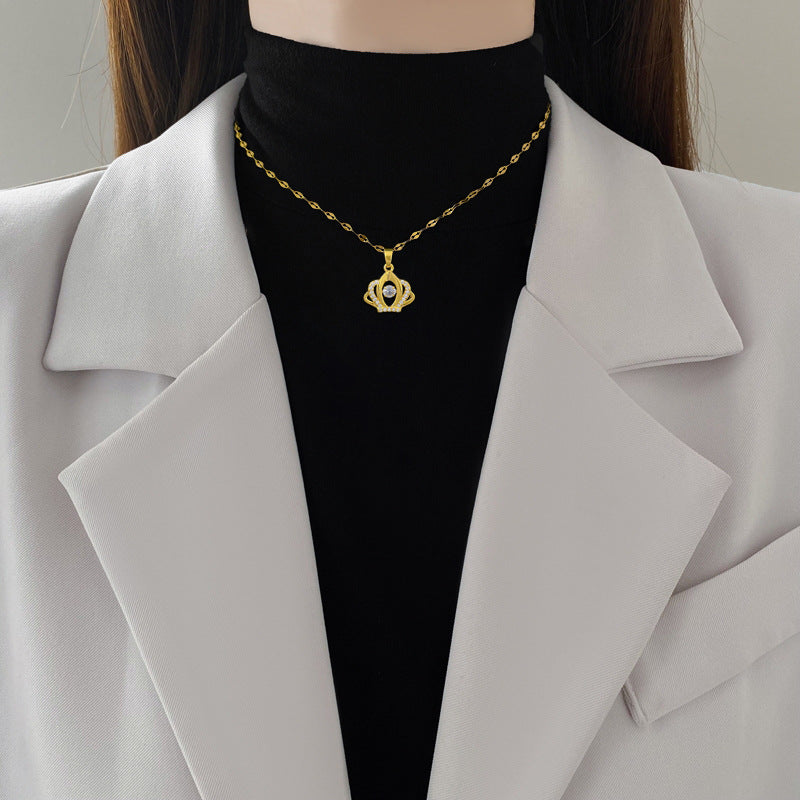 Sweet Minimalist Gold Plated Geometric Rhinestone Inlay Titanium Steel Necklace with Brass Pendant