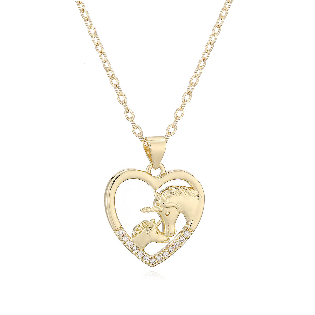 Minimalist 18K Gold Plated Brass Heart Horse Pendant Necklace with Cubic Zirconia