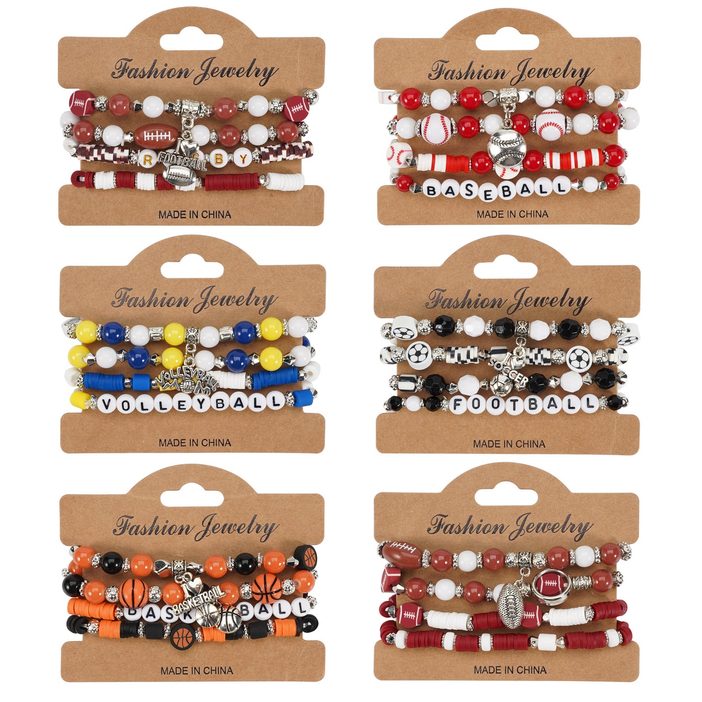 Unisex Sports Ball Charm Bracelet Set Glass Basketball Football Baseball Volleyball Elements
