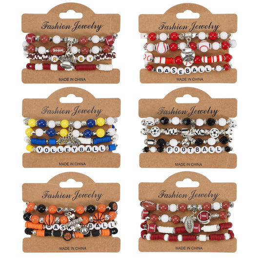 Set di braccialetti con ciondoli sportivi unisex, con elementi in vetro a forma di pallone da basket, calcio, baseball e pallavolo