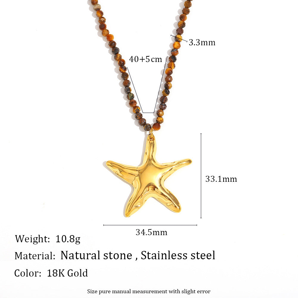 Fashionable Geometric Stainless Steel Plated 18K Gold Sun Starfish Salmon Pearl Pendant Necklace for Women