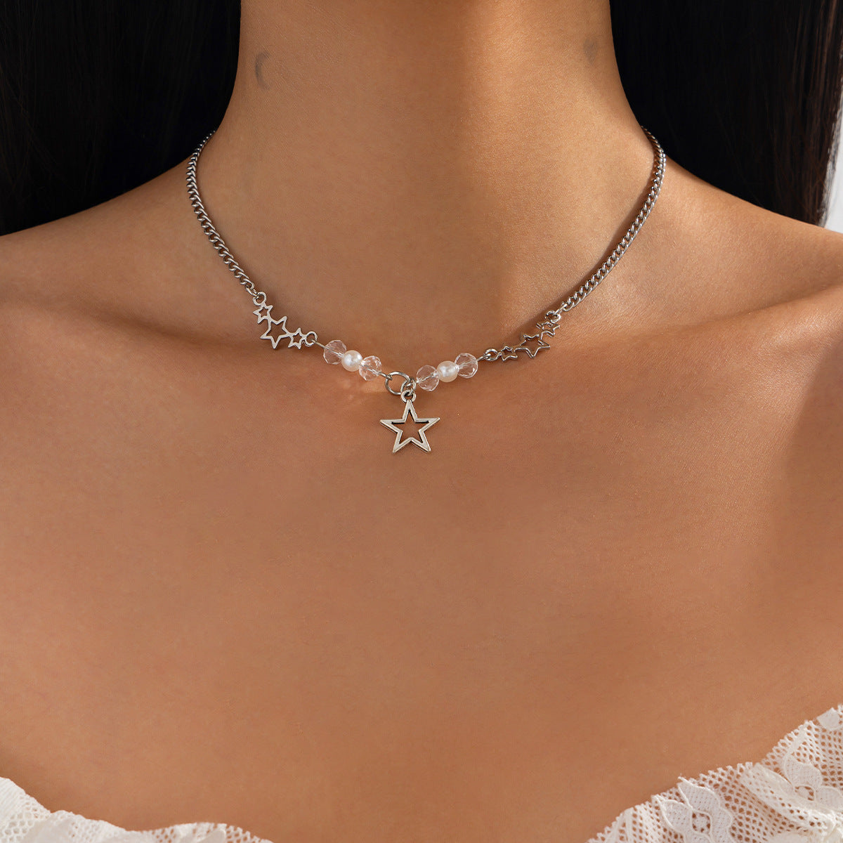 Sweet and Edgy Heart Star Pendant Necklace with Tassels for Women Alloy Chain with Pearl-Like Beads