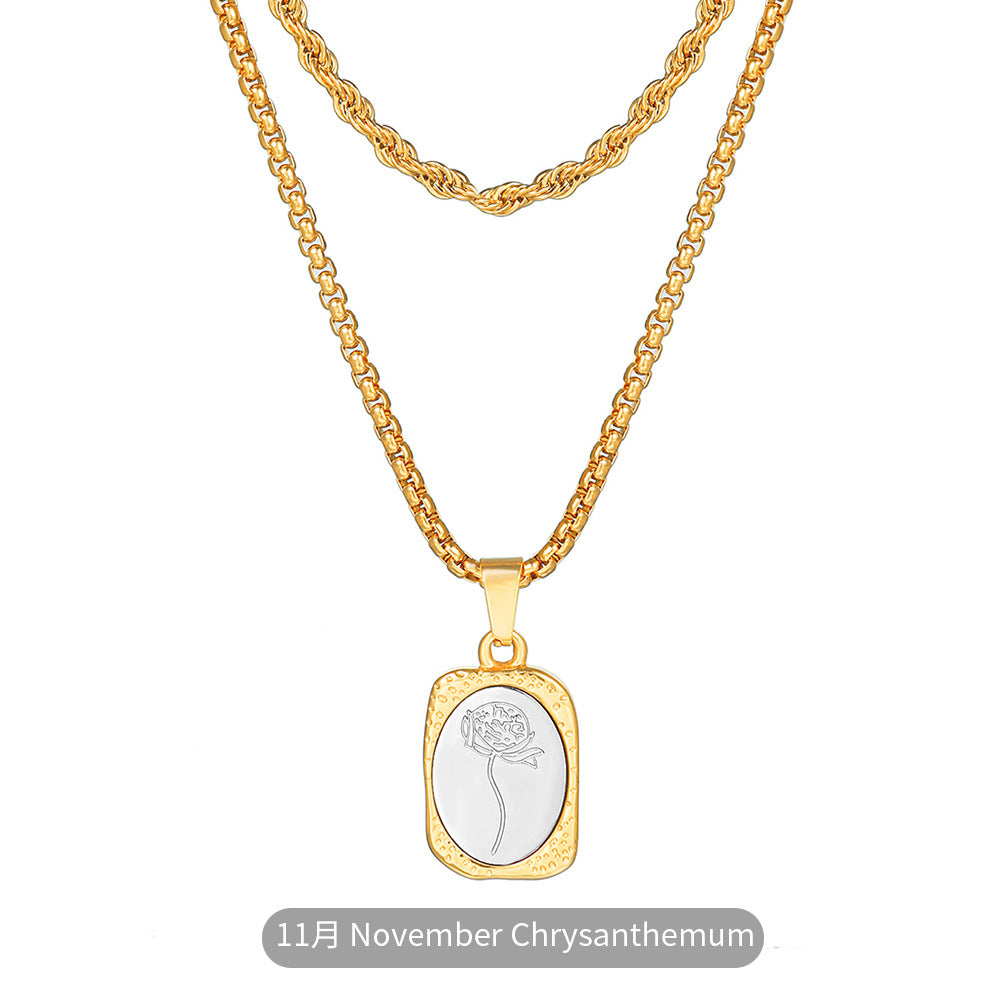 Vintage Two-Tone Gold and Silver Plated Stainless Steel Square Rose Pendant Necklace with Box Chain for Women