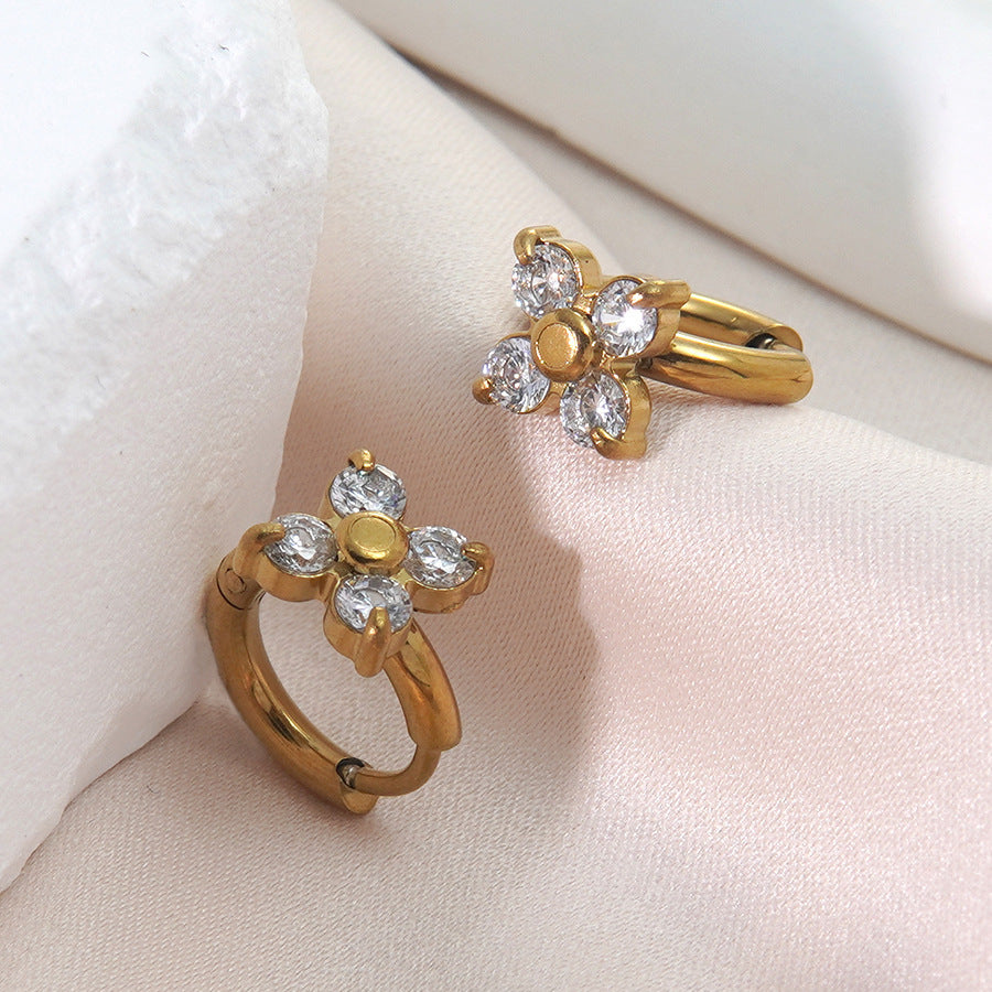 18K Gold Plated Stainless Steel Floral Cubic Zirconia Earrings for Women