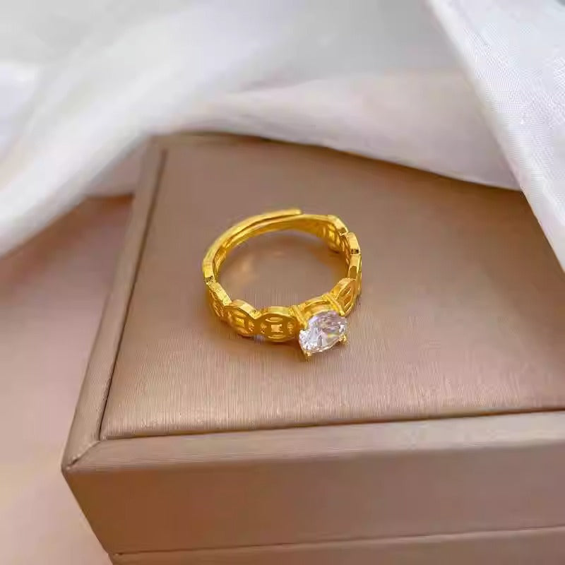 Minimalist Adjustable Copper Ring with Gold-Tone Plating and Simulated Cubic Zirconia Accent for Women