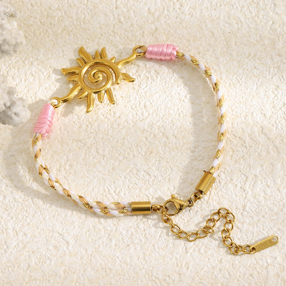 Minimalist 18K Gold Plated Geometric Sun Stainless Steel Rope Bracelet for Women