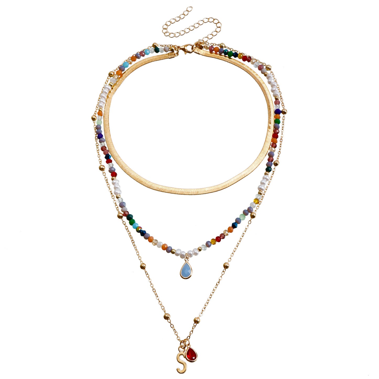 Bohemian Multi-Layer Beaded Necklace with Geometric Shape Alloy Pendant, Electroplated Finish, Fashionable Clavicle Chain for Women