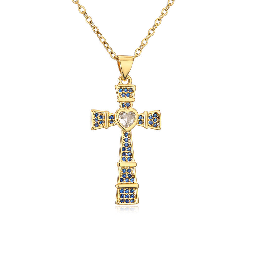 Geometric Cross Pendant Necklace for Women Made of Copper with 18K Gold Plating and Zircon Inlay