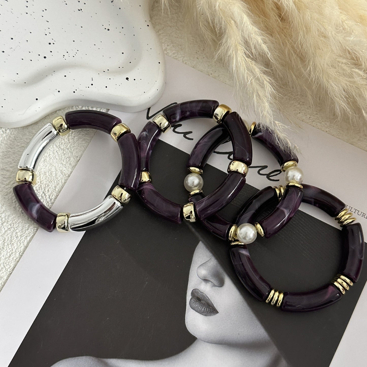 Fashion Vintage Geometric Acrylic Drip Oil Curved Tube Bracelet