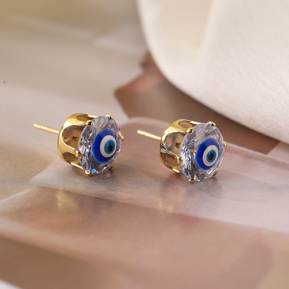 Minimalist Geometric Evil Eye Stud Earrings in Copper with Gold Plating and Zircon Inlay
