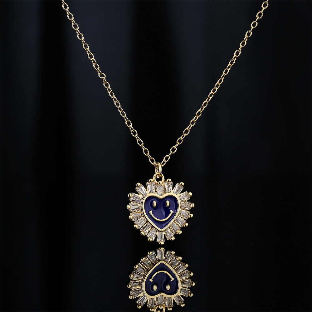 Cute Heart-Shaped Copper Pendant Necklace with Micro-Paved Zirconia and Enamel Smile Design