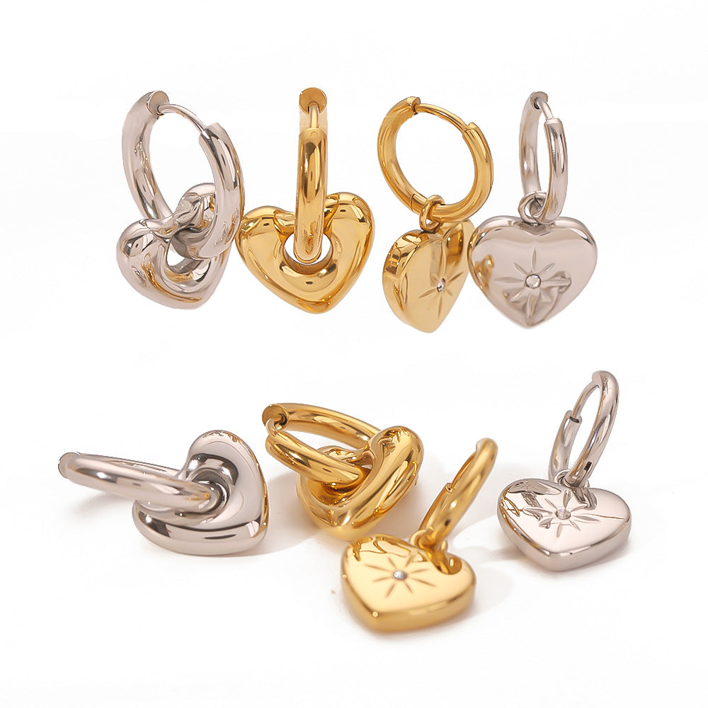 Orecchini a Cuore Minimalisti in Acciaio Inossidabile con Placcatura in Oro 18K e Intarsi in Zirconi per Donne