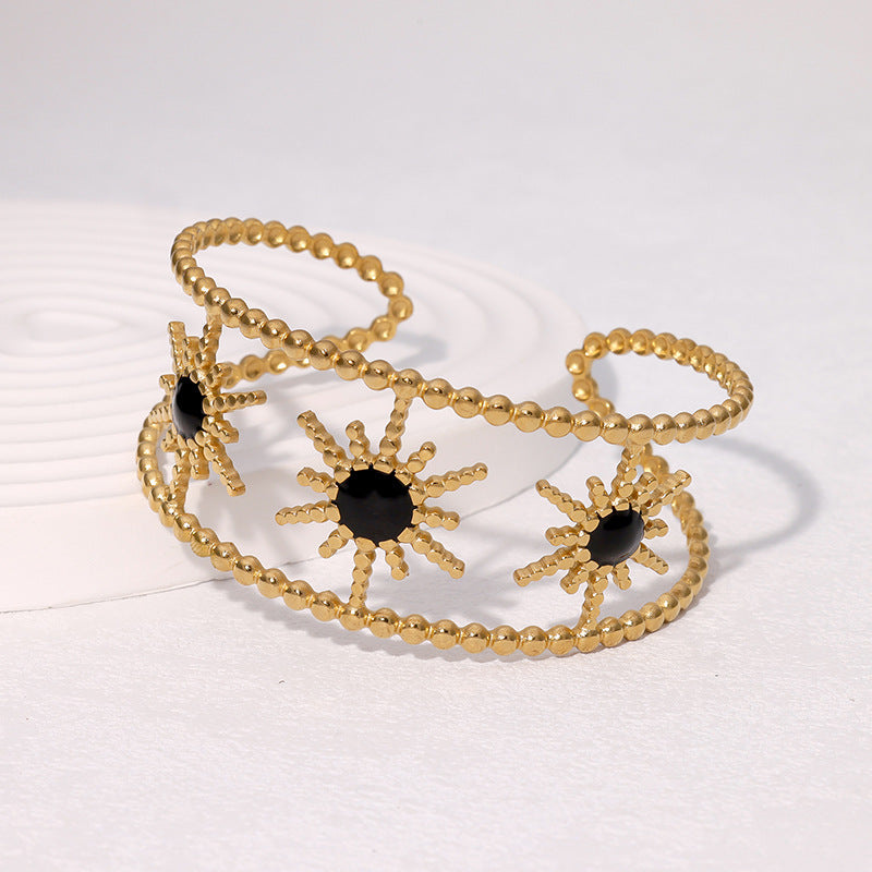 Bracciale a Polsino da Donna in Acciaio Inossidabile Smaltato a Traforo con Girasole Geometrico Vintage
