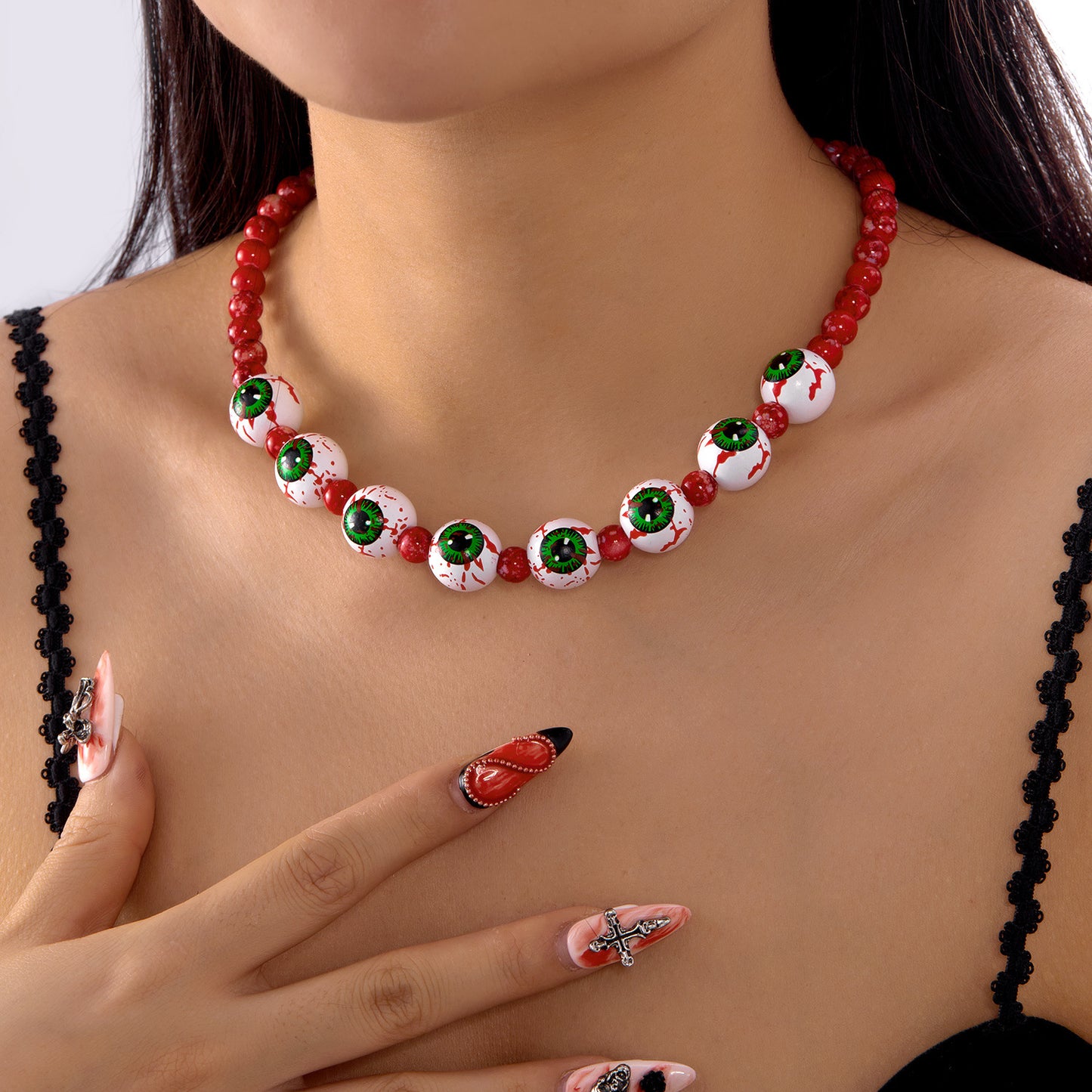 Collar gótico oscuro hecho a mano con cuentas de madera, estampado de murciélago y fantasma, colgante de forma geométrica, joyería unisex de Halloween