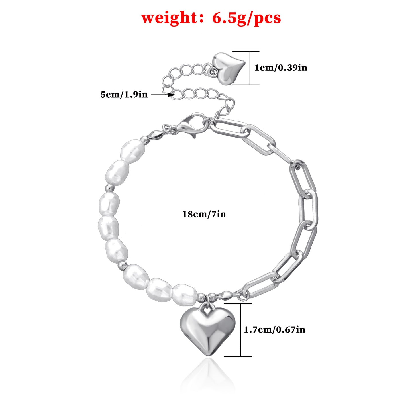 Fashion 3D Heart Pendant Bracelet for Women Alloy with Plating Finish Pearl-Embellished Small-Link Chain