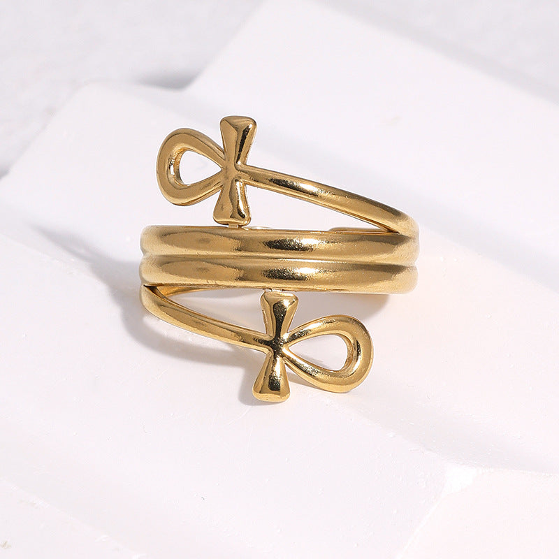 Anello aperto minimalista da donna in acciaio inossidabile placcato oro 18 carati, con fiocco geometrico