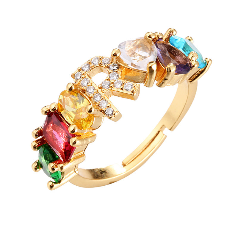 Hand-Set Cubic Zirconia Letter Open Ring Gold Plated Brass Adjustable Women