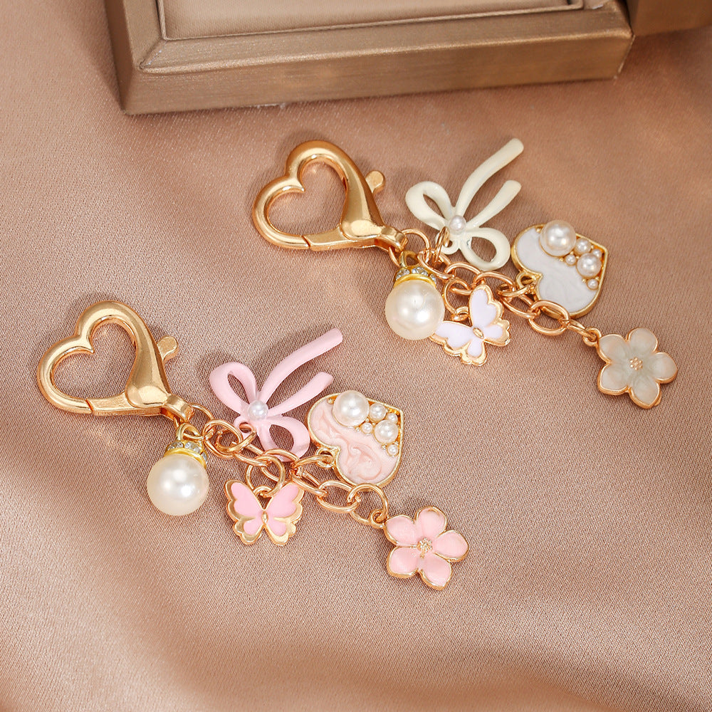 Elegant Drip Oil Flower Butterfly Heart Zinc Alloy Keychain with Pearl Inlay for Women
