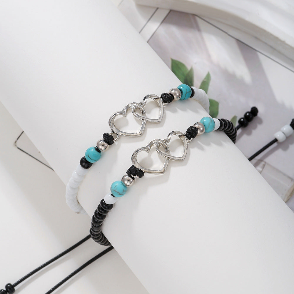 Handmade Braided Geometric Heart Alloy Seed Bead Turquoise Bracelet Set Unisex