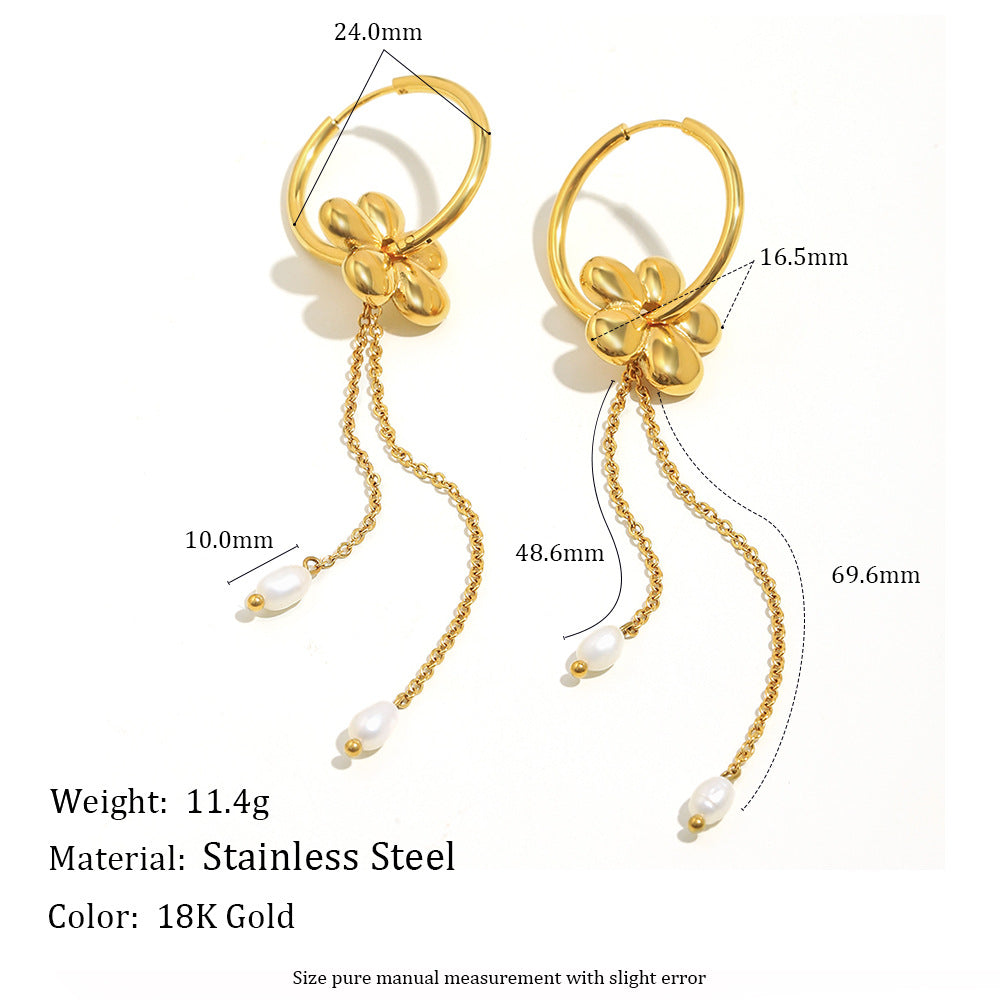 Minimalist Floral Stainless Steel Earrings with 18K Gold Plating, Pearl and Tassel Accents for Women