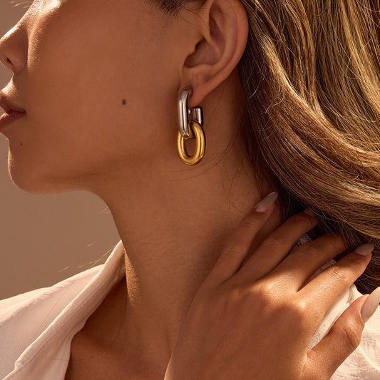 Pendientes de acero inoxidable de estilo vintage con aros entrelazados y detalle de cadena para mujer