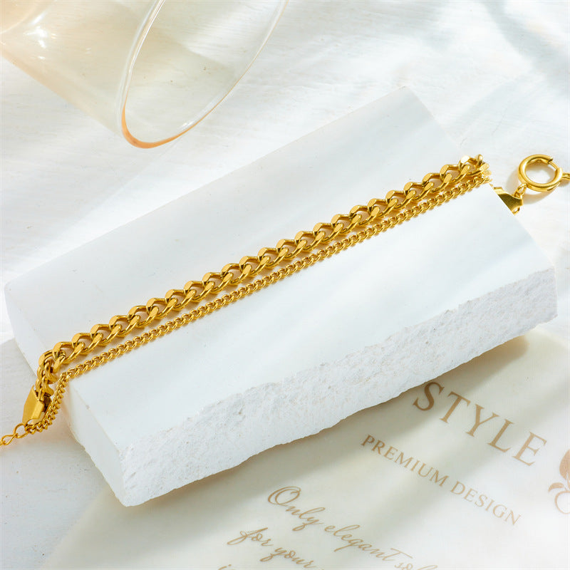 Bracciale Punk Vintage Doppia-Strato Impilabile in Acciaio al Titanio Placcato Oro Design Minimalista Unisex