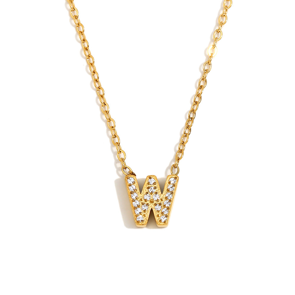 Minimalist Fashion Letter Pendant Necklace for Women Stainless Steel with 18K Gold Plating and Rhinestone Inlay