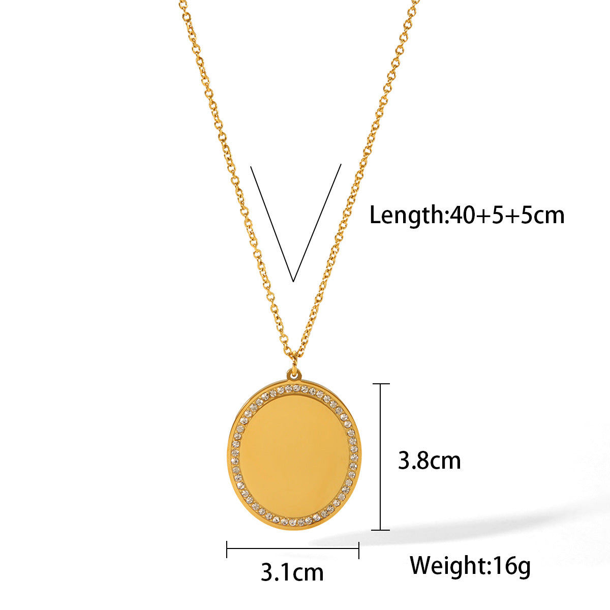 Ins Style 18K Gold Plated Titanium Steel Oval Geometric Pendant Necklace with Rhinestones for Women