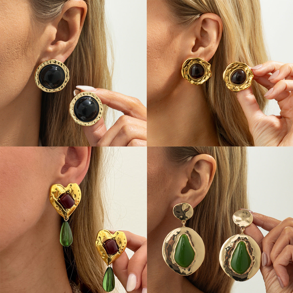 Geometric Heart Gemstone Inlay Alloy Plated Earrings for Women