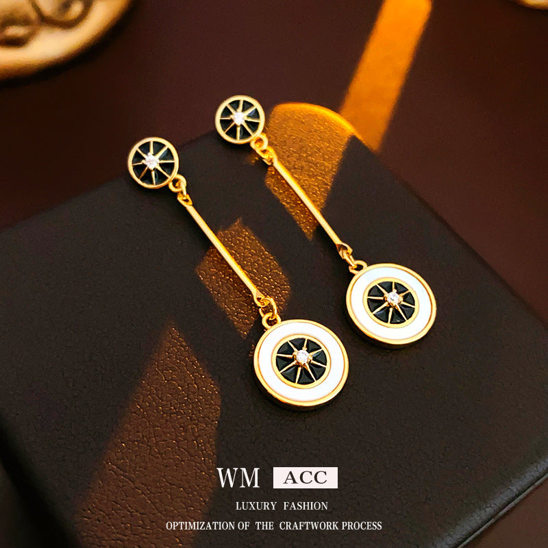 Vintage-Style Geometric Mother-of-Pearl and Zircon Round Earrings with Gold-Plated Copper Base and Stainless Steel Posts