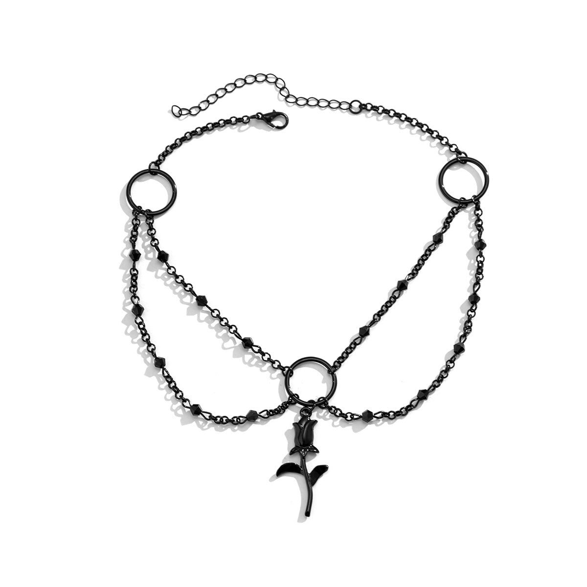 Gothic Dark Sweet and Cool Alloy Choker Necklace with Rose Pendant Geometric Shape Enamel Finish and Fringe Detail