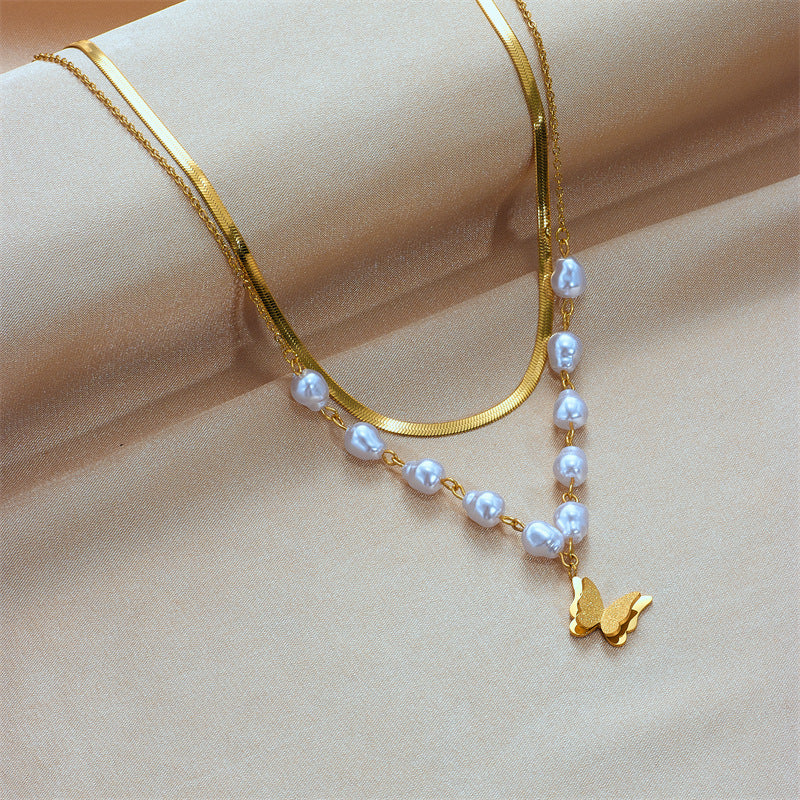 Minimalist Butterfly Pendant Necklace in Titanium Steel with Matte Finish and Double-Layer Chain for Women