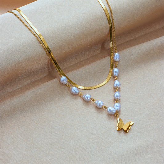 Minimalist Butterfly Pendant Necklace in Titanium Steel with Matte Finish and Double-Layer Chain for Women