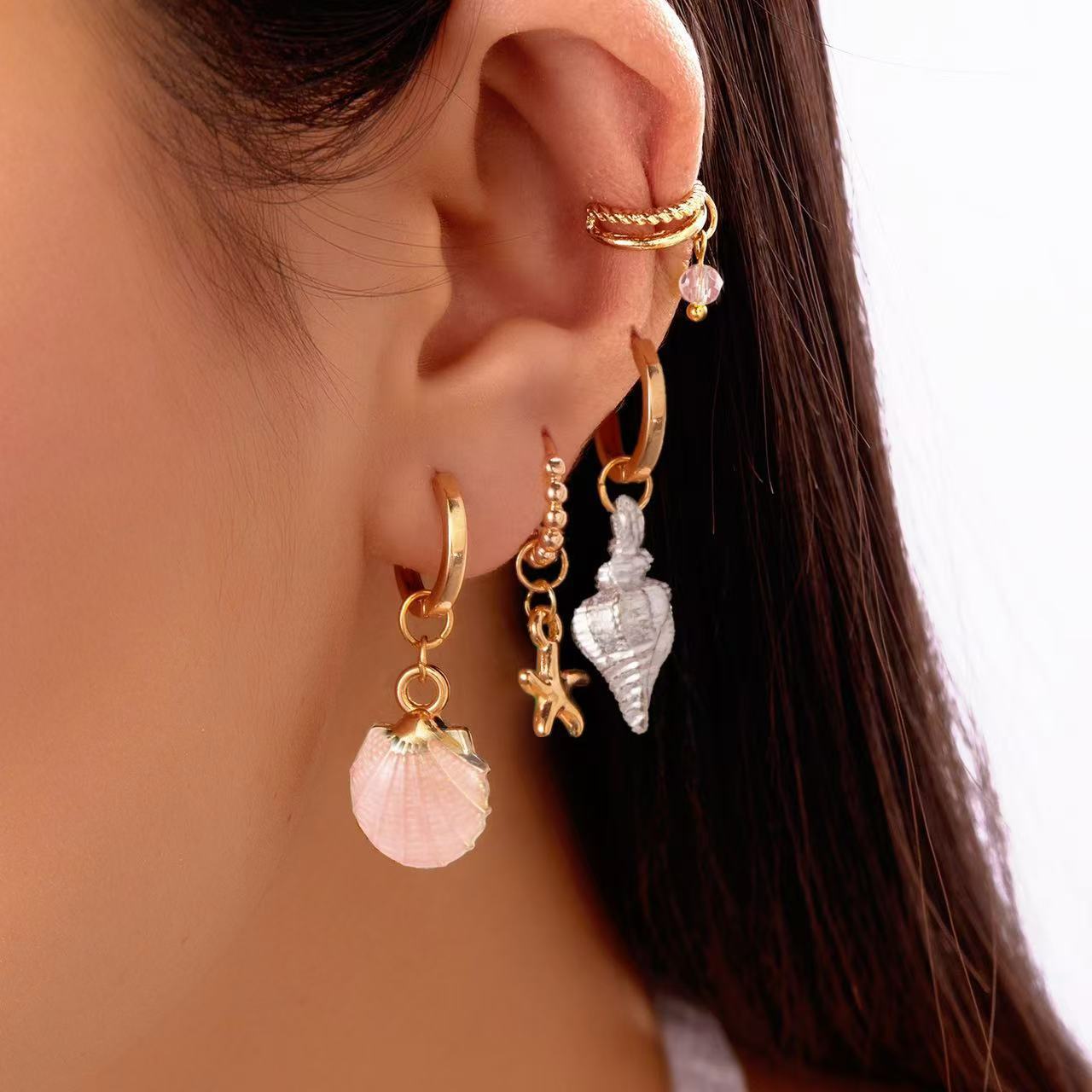 Casual Star Shaped Alloy Plated Shell Ear Cuff and Beaded Earring Set for Women