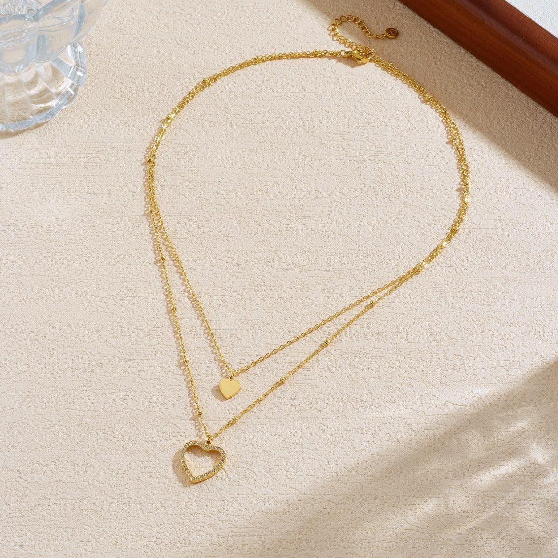 Gold Plated Stainless Steel Heart Rhinestone Inlay Hollow Pendant Layered Necklace for Women