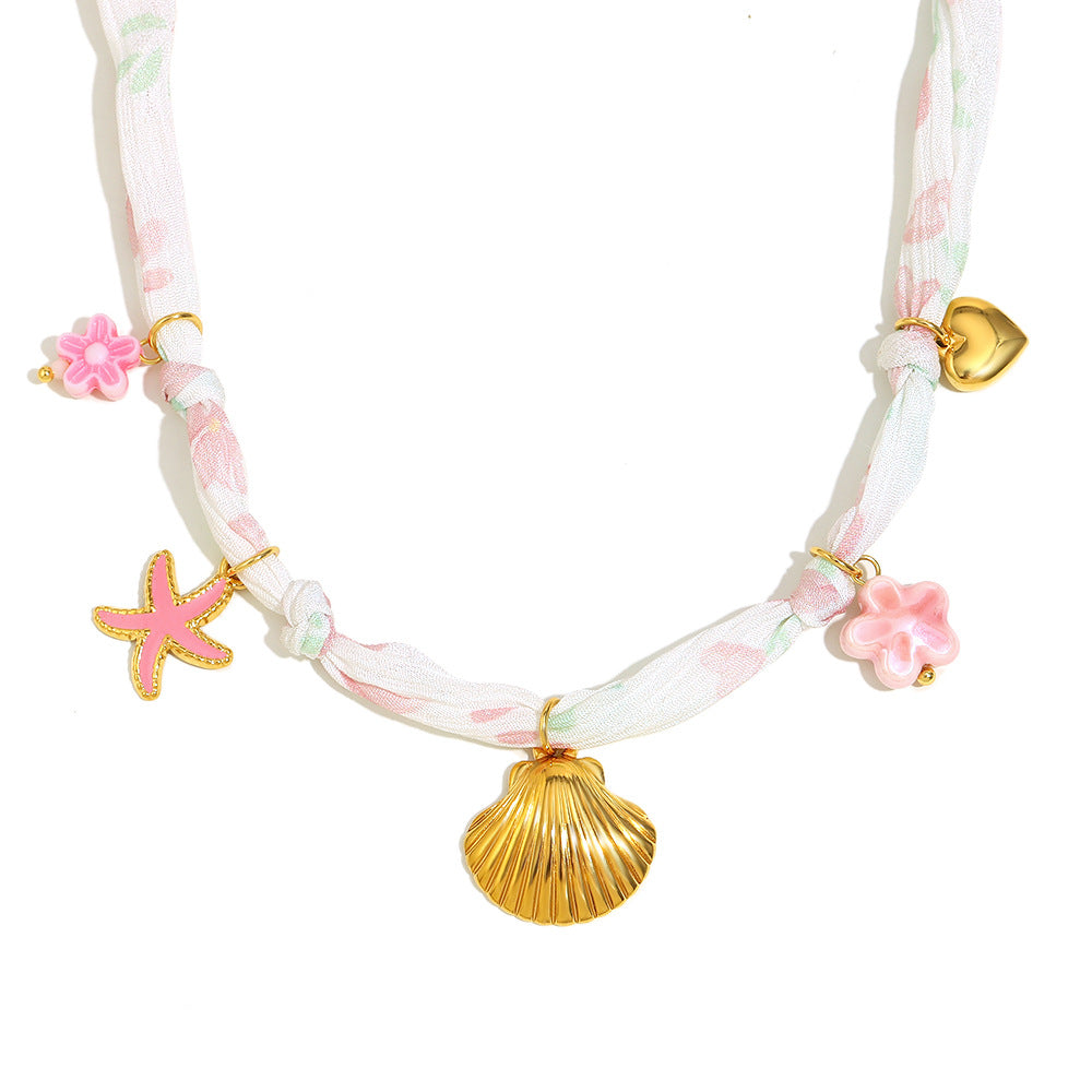 Collar con colgante de mariposa de moda para mujer con cadena de acero inoxidable chapada en oro de 18 quilates con detalles florales de esmalte y conchas marinas