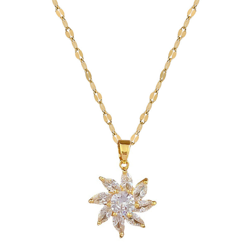Luxury Titanium Steel Micro-Pave Rotating Flower Necklace and Earrings Set for Women Elegant Party Jewelry