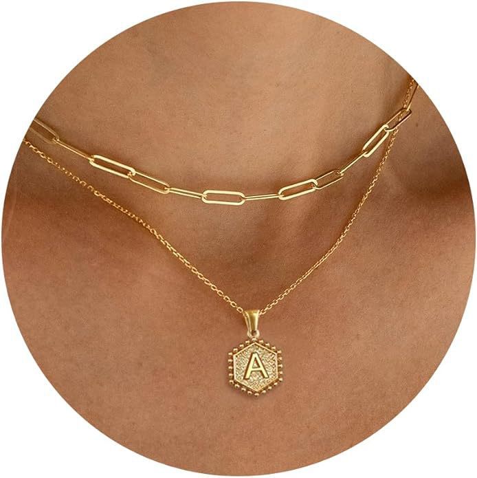 Vintage 18K Gold Plated Double Layer Paperclip Chain Necklace with Stainless Steel Heart and Hexagon Letter Pendant for Women