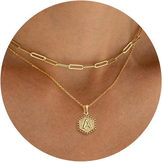 Vintage 18K Gold Plated Double Layer Paperclip Chain Necklace with Stainless Steel Heart and Hexagon Letter Pendant for Women